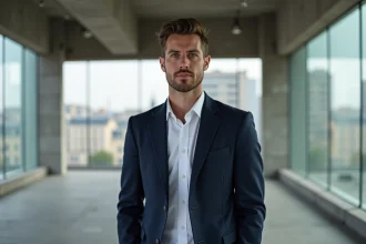 Portrait professionnel d'un jeune entrepreneur tech français en blazer marine dans un bureau parisien moderne aux murs en béton