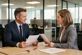 Un responsable RH remet une lettre de licenciement à une employée lors d'un entretien formel en entreprise