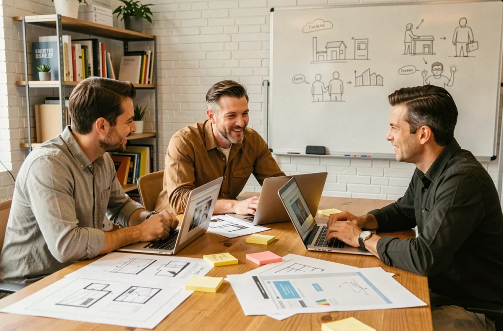 Équipe de professionnels du web collaborant autour de maquettes de site internet dans un espace de co-working