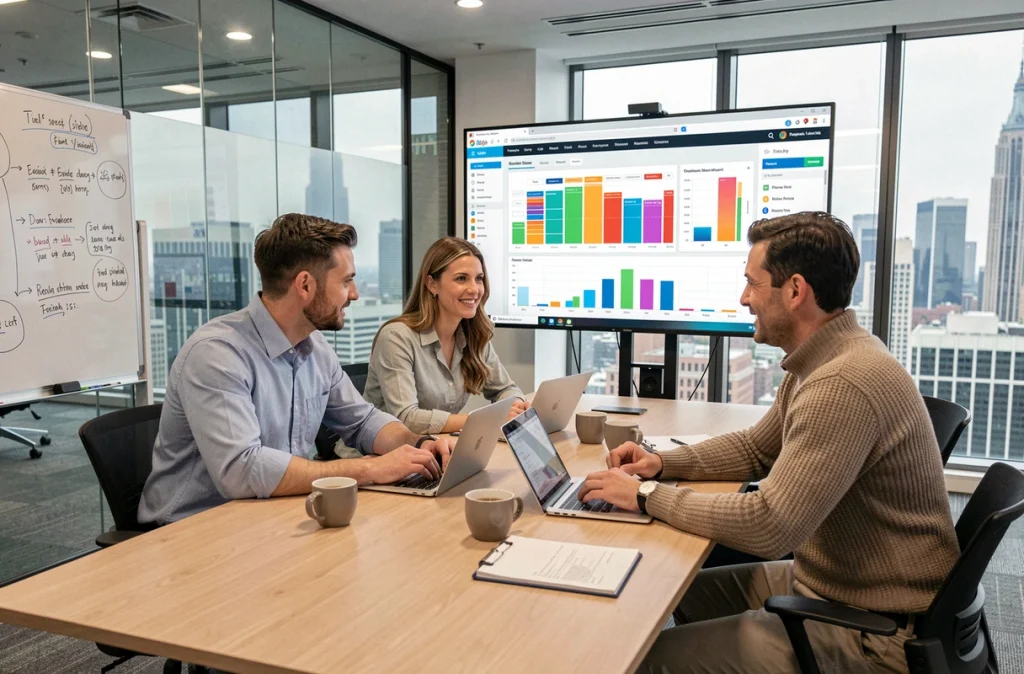 Équipe d'une agence web créative en réunion stratégique autour d'un tableau de bord d'analyse de site internet