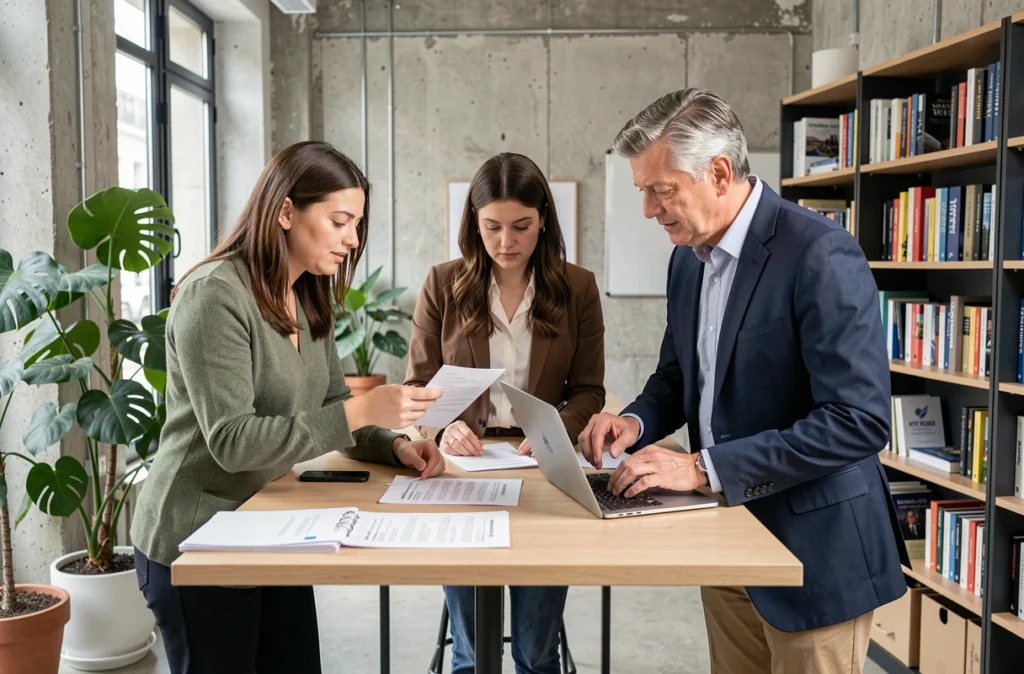 Équipe d'un cabinet de recrutement parisien collaborant sur des dossiers de candidatures en open space