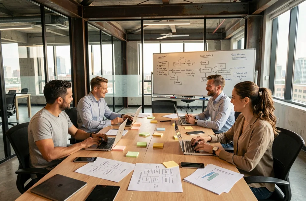 Équipe pluridisciplinaire d'une PME participant à un atelier de transformation numérique animé par un prestataire de services informatiques