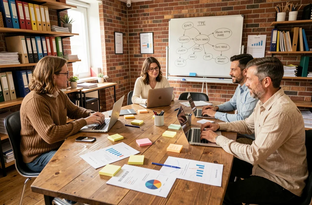 Équipe de dirigeants de TPE en réunion stratégique autour d'une table de travail, représentant la dynamique de croissance accompagnée par Hubentreprise360.fr
