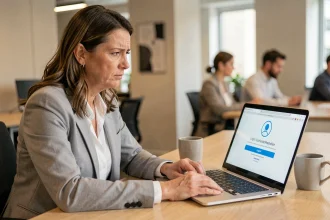 Femme professionnelle frustrée face à une erreur de connexion sur son ordinateur portable au bureau, illustrant les problèmes d'accès à un portail bancaire comme Alis BNP