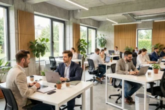 Espace de coworking moderne à Dardilly près de Lyon avec des professionnels travaillant en open space