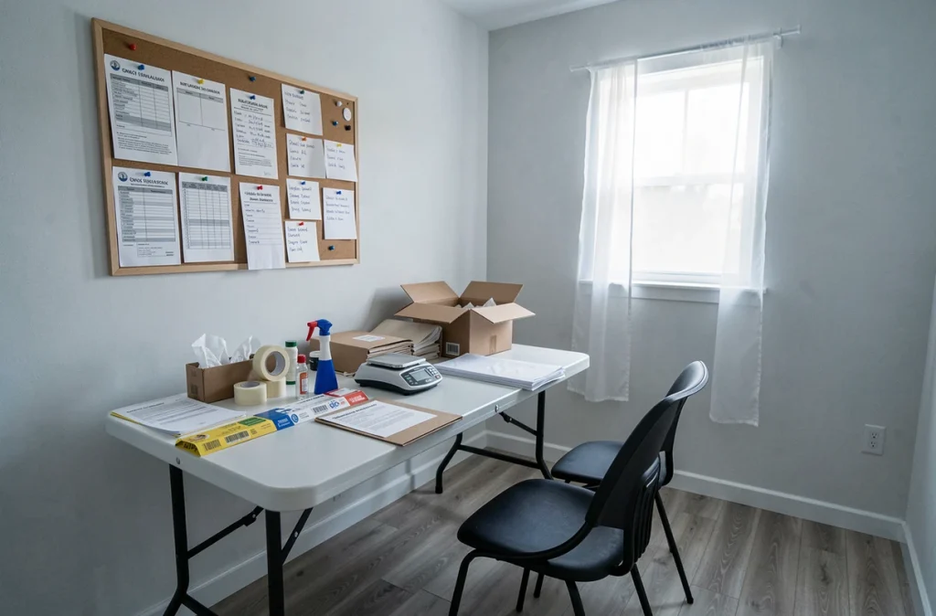 Espace de travail d'emballage à domicile organisé avec table, cartons et documents de contrat affichés