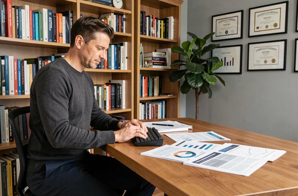 Expert B2B travaillant dans un bureau à domicile professionnel entouré de ressources sectorielles