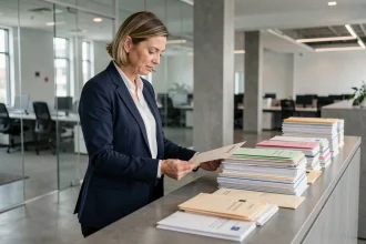 Femme professionnelle triant le courrier d'entreprise dans un hall de bureau moderne, illustrant les avantages de l'externalisation de la gestion du courrier