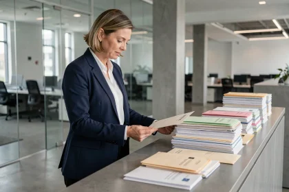 Femme professionnelle triant le courrier d'entreprise dans un hall de bureau moderne, illustrant les avantages de l'externalisation de la gestion du courrier