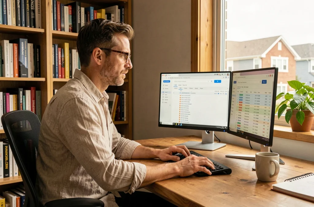 Fabien Huet, consultant SEO freelance, travaillant depuis son bureau à domicile avec des outils d'analyse de référencement