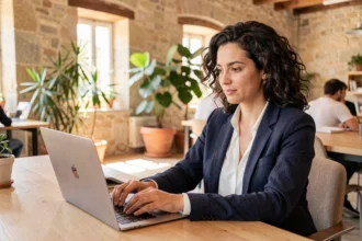 Femme entrepreneur travaillant dans un espace de coworking à Bastia avec murs en pierre apparente