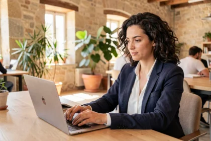 Femme entrepreneur travaillant dans un espace de coworking à Bastia avec murs en pierre apparente