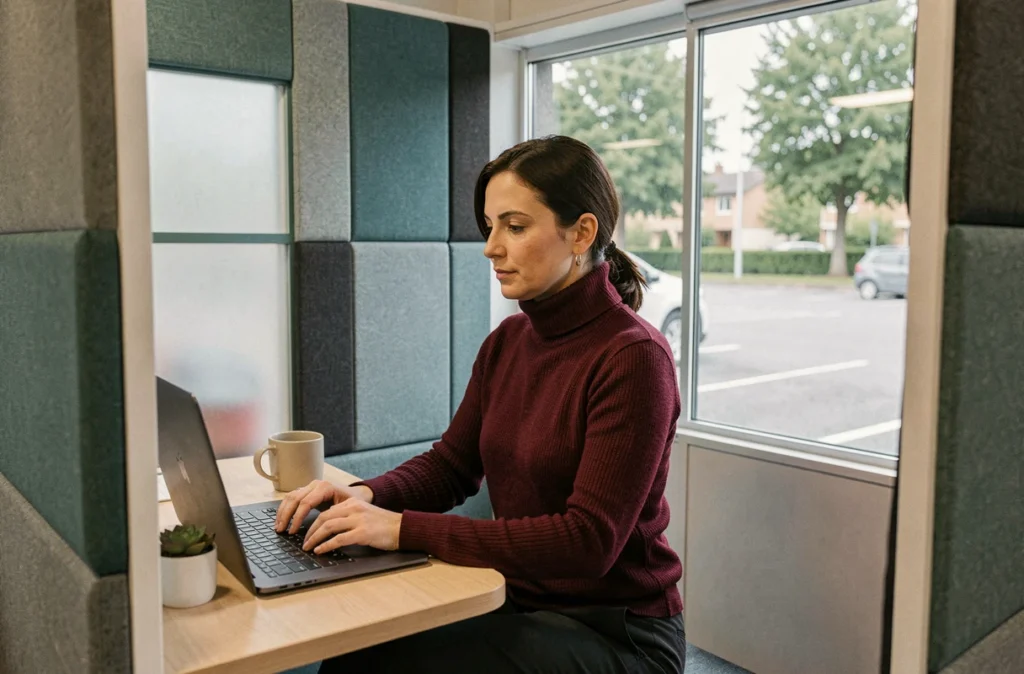 Femme travaillant dans un espace de coworking en région lyonnaise dans une cabine de travail privée