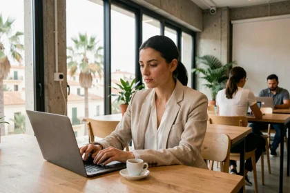 Femme travaillant dans un espace de coworking moderne à Cannes avec vue sur la ville