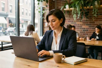 Femme travaillant dans un espace de coworking moderne à Chelles, assise à un bureau partagé en bois avec son ordinateur portable
