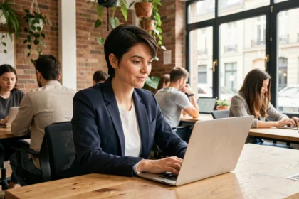 Femme travaillant dans un espace de coworking moderne à Fontenay-sous-Bois avec des murs en briques apparentes