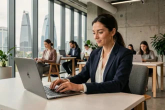 Femme professionnelle travaillant dans un espace de coworking moderne à Puteaux avec vue sur La Défense