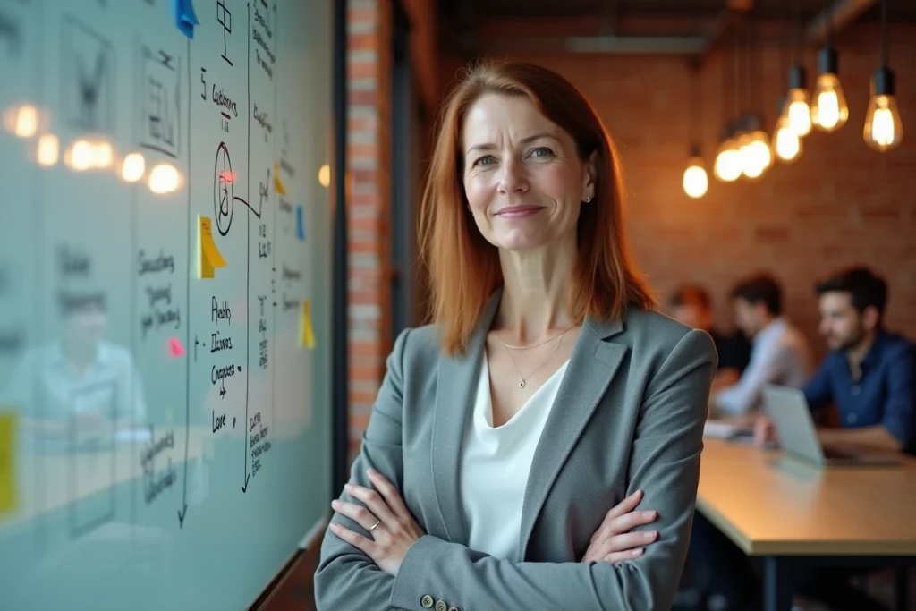 Femme entrepreneur présentant un business plan dans un espace de co-working pour obtenir des financements