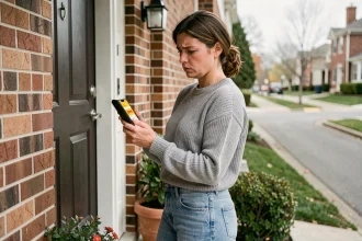 Femme frustrée devant sa porte consultant une notification de livraison DHL bloquée sur son smartphone