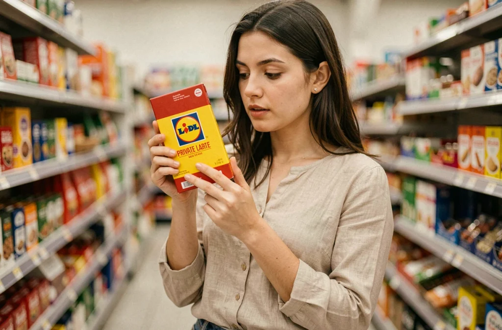 Femme analysant un produit Lidl lofo rouge et jaune dans un supermarché