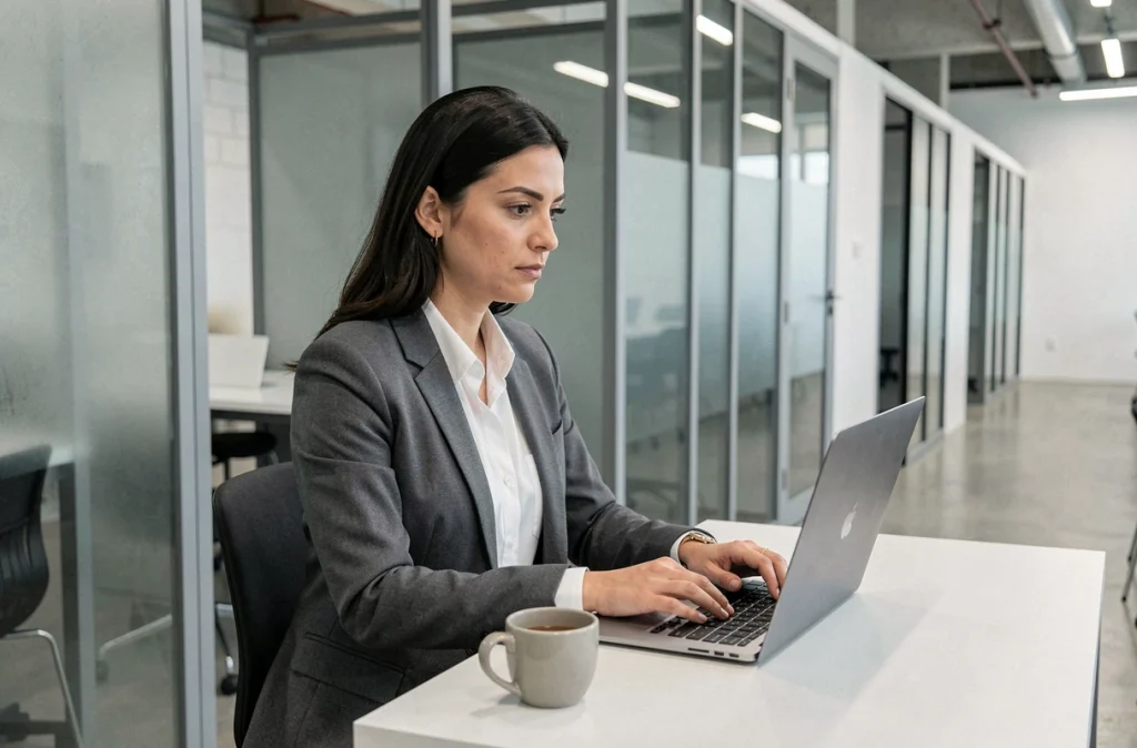 Femme professionnelle travaillant seule dans une cabine privée d'un espace de coworking contemporain
