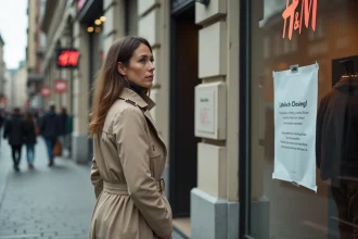 Femme lisant un avis de fermeture sur la vitrine d'un magasin H&M dans une rue commerçante européenne