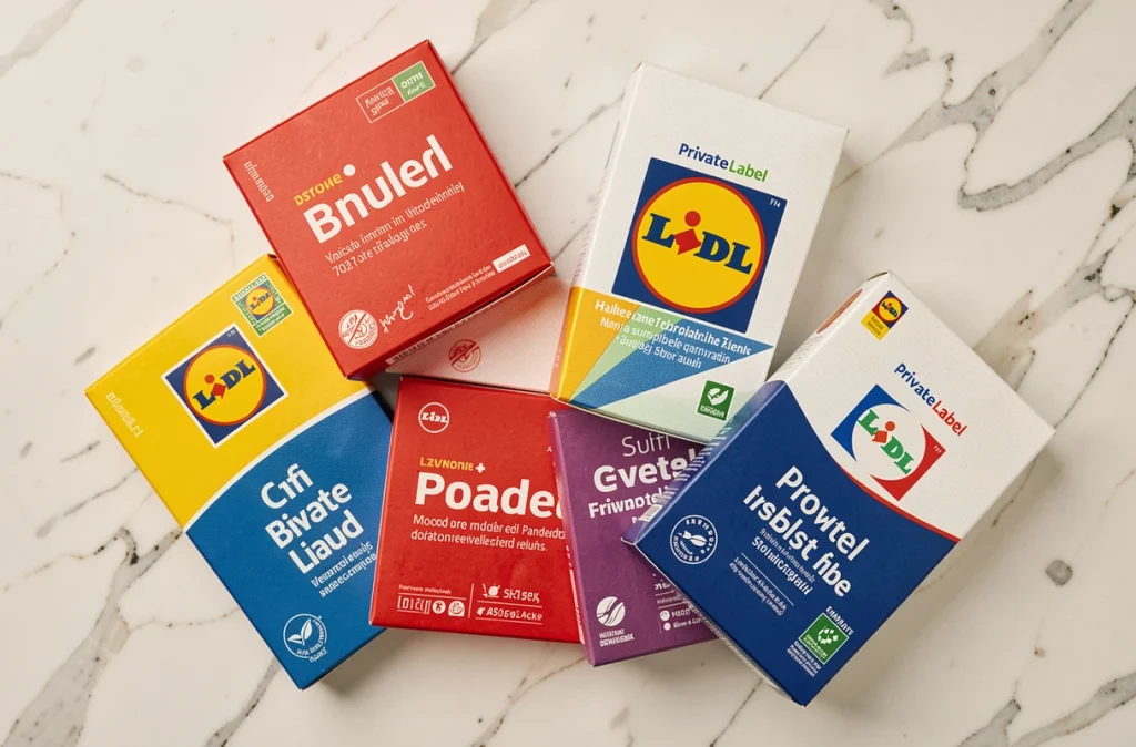 Flat lay de produits Lidl lofo colorés sur fond blanc illustrant la psychologie des couleurs