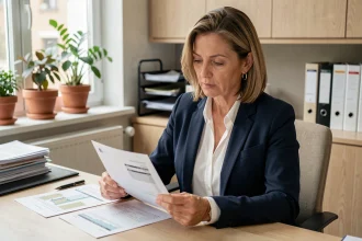Fonctionnaire femme consultant des documents de salaire dans un bureau administratif moderne