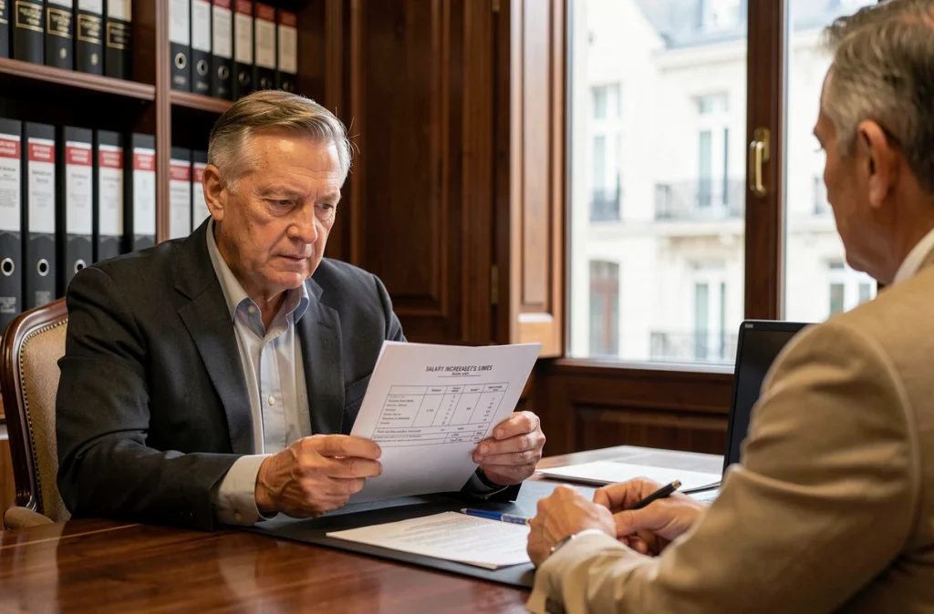 Fonctionnaire senior discutant d'une augmentation de salaire avec un représentant syndical dans un bureau institutionnel