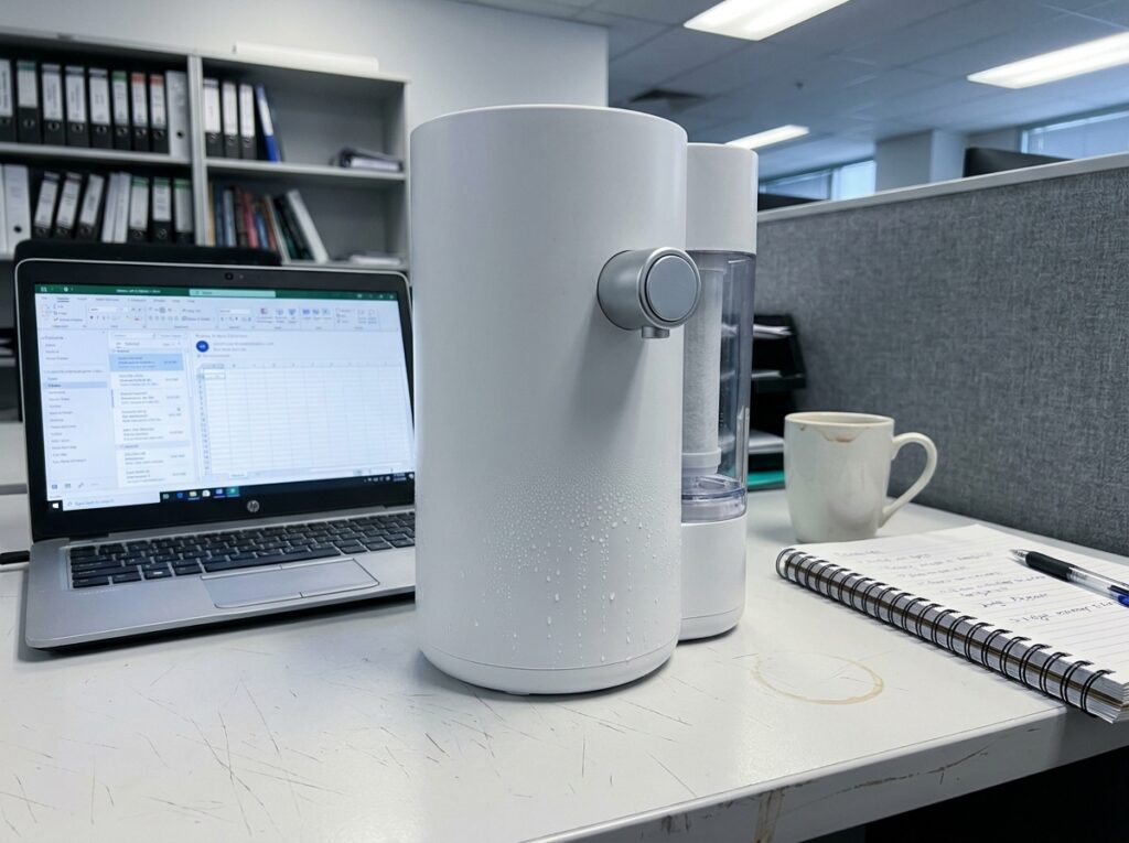 Fontaine à eau compacte de bureau posée sur un bureau blanc à côté d'un ordinateur portable et d'un carnet de notes