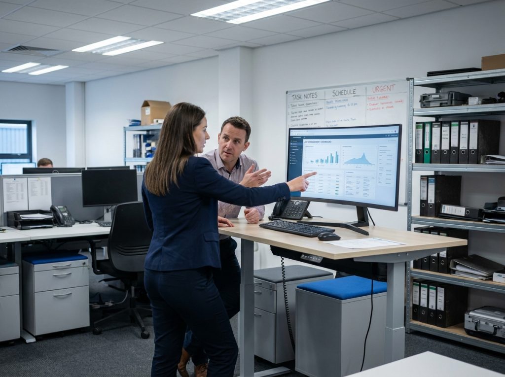 Responsable terrain et collègue consultant un tableau de bord de gestion des interventions sur écran dans un bureau opérationnel