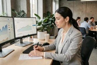 Responsable d'équipe analysant les performances sur une plateforme de gestion business dans un bureau moderne