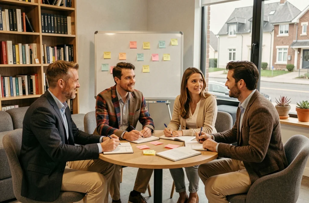 Groupe de professionnels en session de brainstorming dans la zone lounge d'un espace de coworking à Chelles