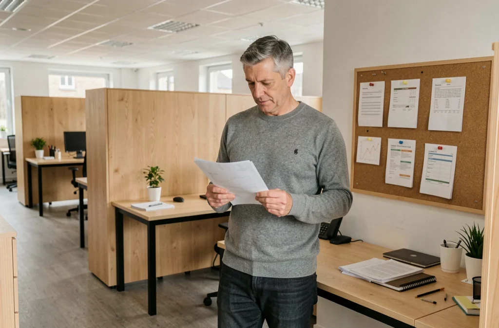 Homme debout à un bureau dans un coworking abordable à Fontenay-sous-Bois examinant des documents