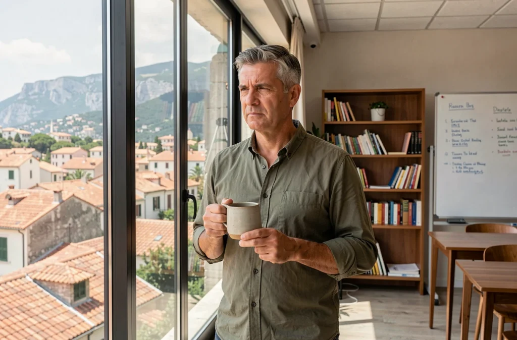 Homme en espace de coworking moderne à Bastia avec vue sur les toits de la ville