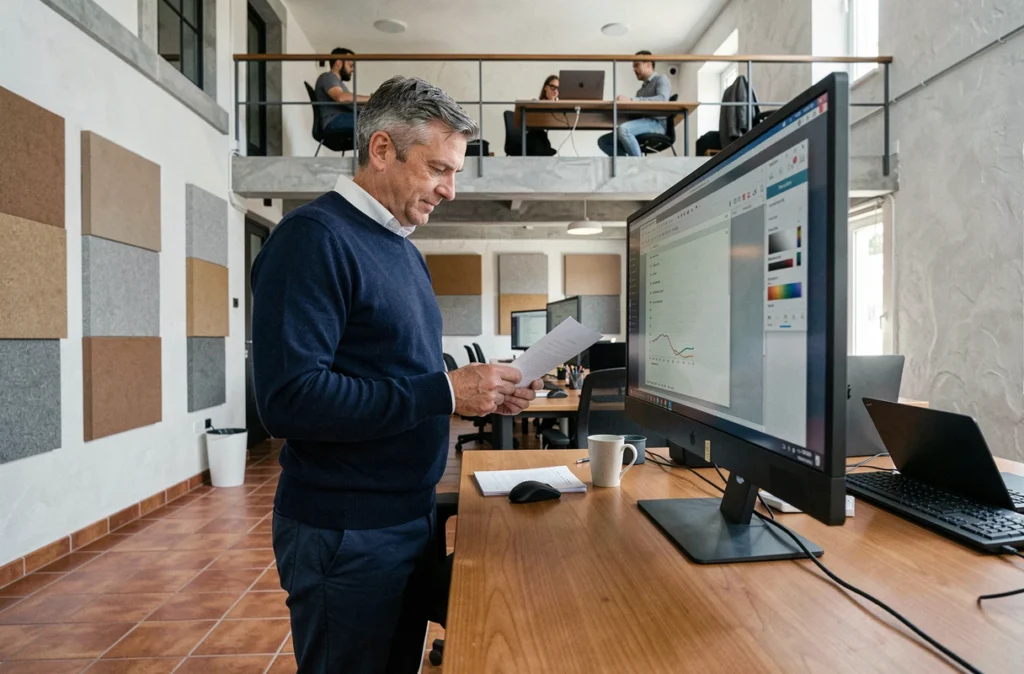 Homme debout à un bureau en espace de coworking ouvert à Cannes, consultant des documents