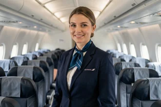 Hôtesse de l'air en uniforme bleu marine dans la cabine d'un avion, souriant avec professionnalisme