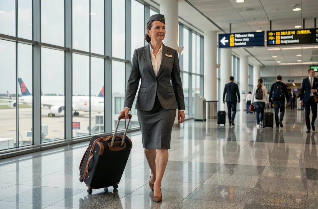 Hôtesse de l'air expérimentée traversant un terminal d'aéroport avec sa valise cabine professionnelle