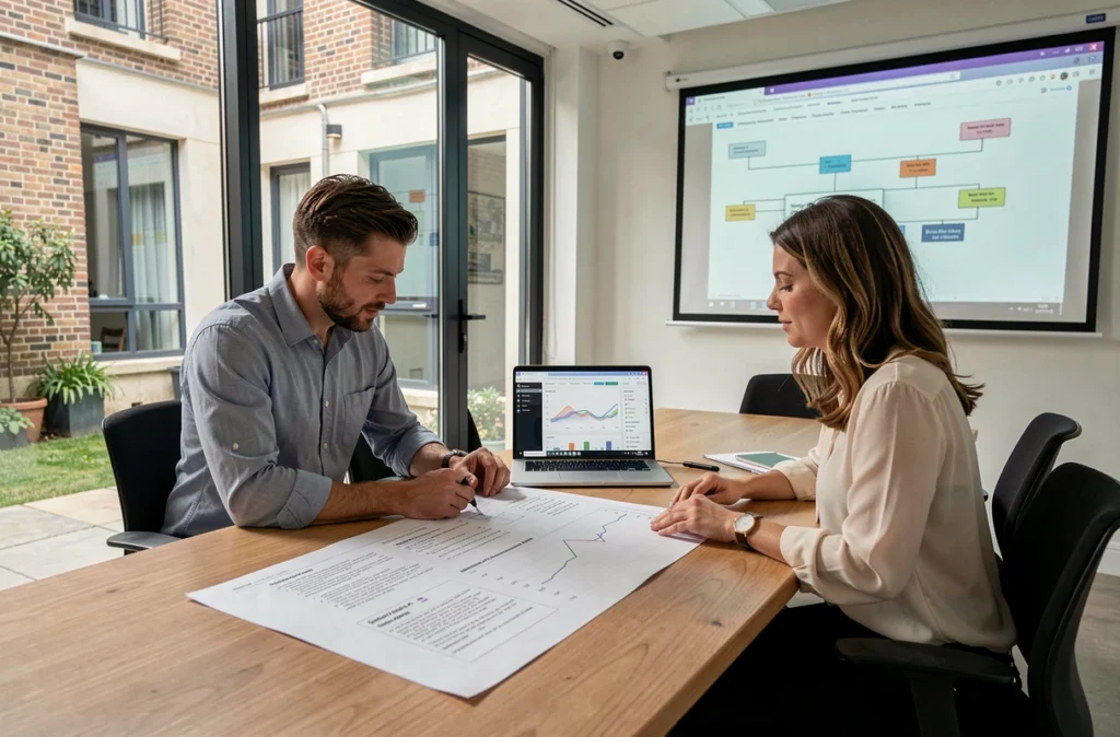 Deux collaborateurs d'IDCOM examinant des plans de projet web lors d'une réunion dans une salle de conférence lumineuse