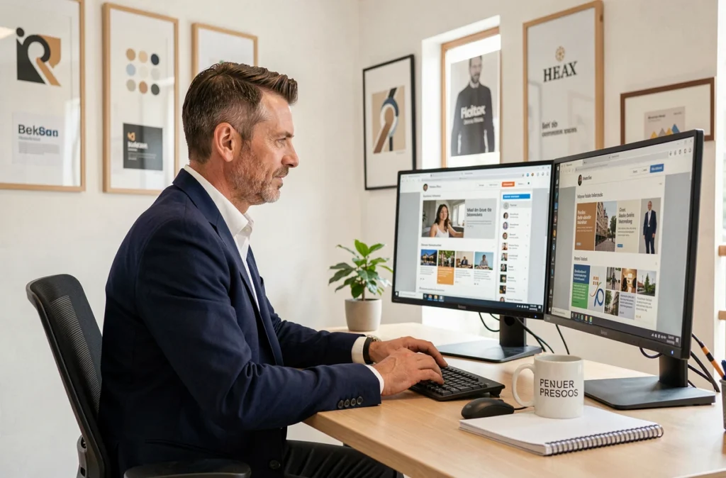 Un professionnel de JECOMM analysant une campagne de marketing digital dans les bureaux d'une agence de communication de l'Ain