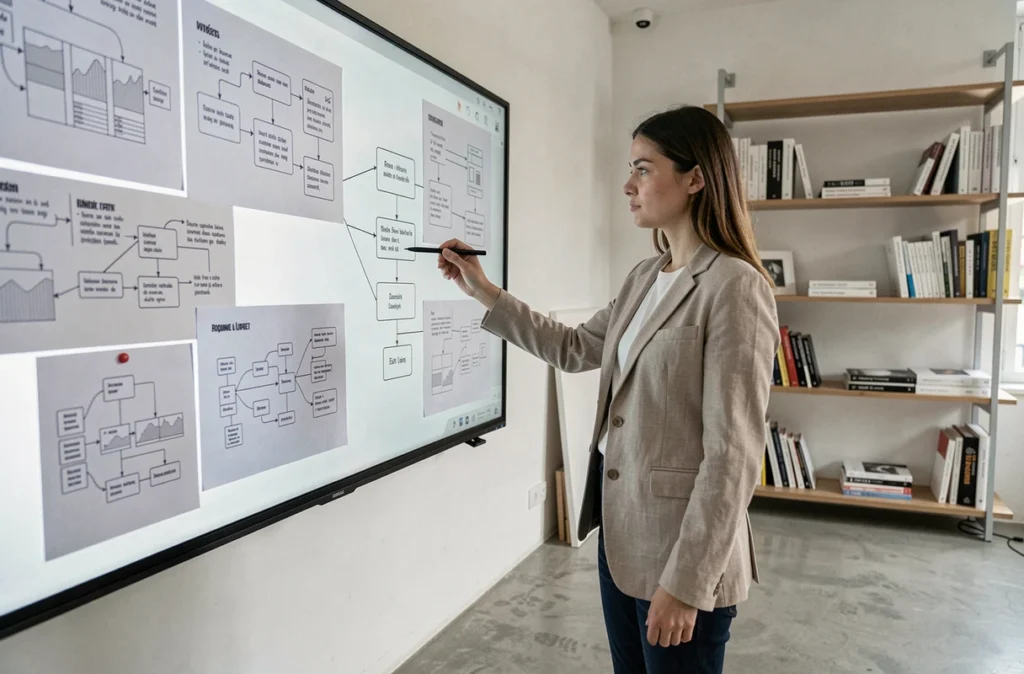 Une designeuse UX de Kalelia debout devant un écran interactif présentant des parcours utilisateurs dans un studio minimaliste
