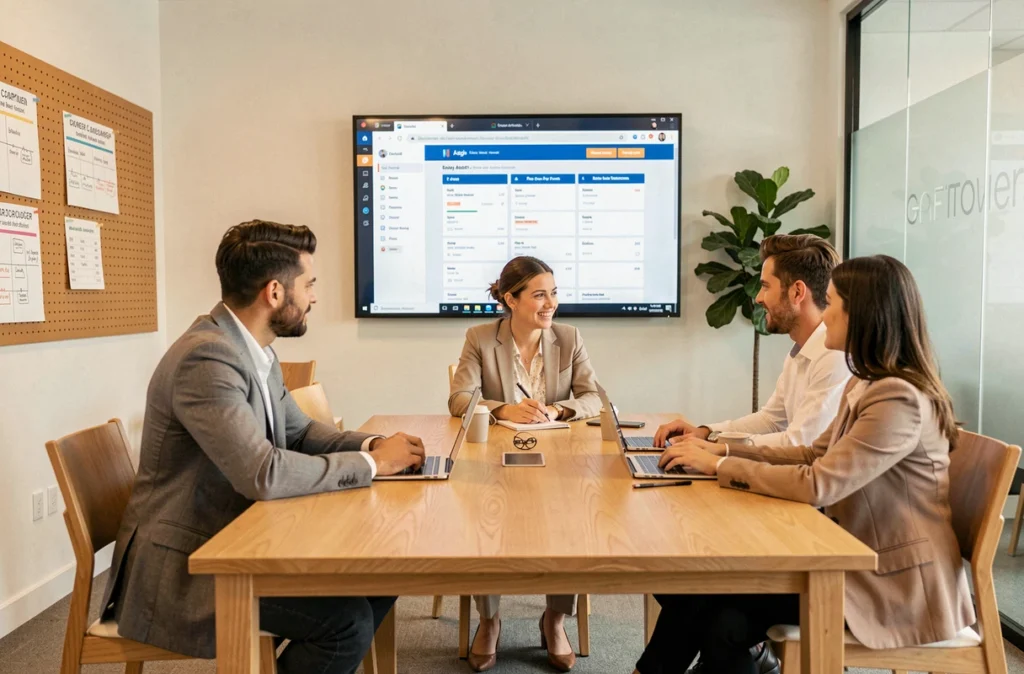 Équipe de Kelcible animant un atelier SEO avec analyse de site web sur grand écran dans leur agence digitale