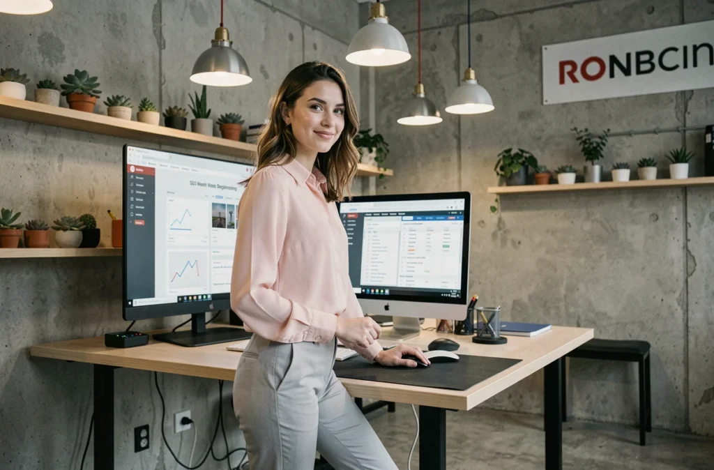 Designer et consultante SEO de Kinko Studio travaillant sur une interface web et un planificateur de mots-clés