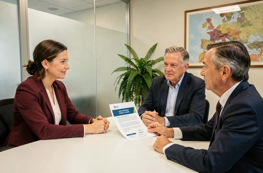 Une conseillère de Linkeo présentant une solution de site web à des clients locaux dans une salle de réunion professionnelle