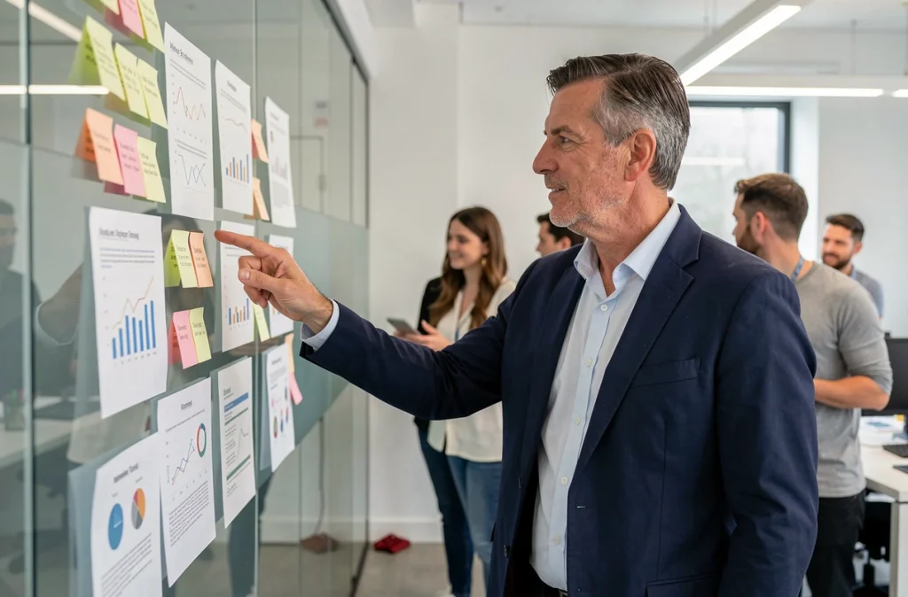 Manager présentant une stratégie d'optimisation de budget marketing B2B devant un mur de notes analytiques