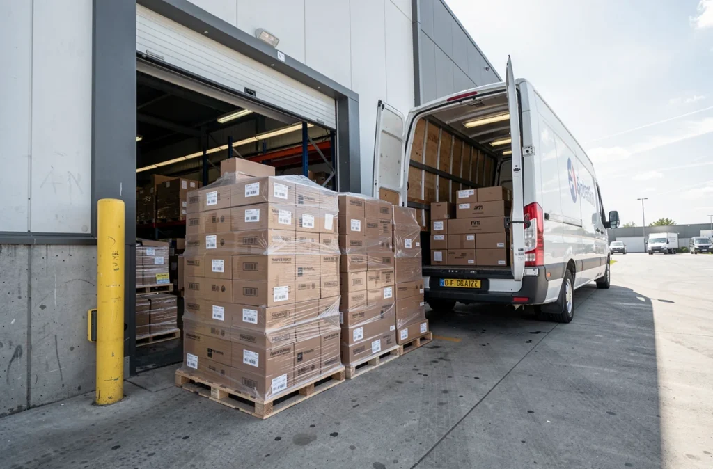 Marchandises chargées dans une camionnette depuis un entrepôt