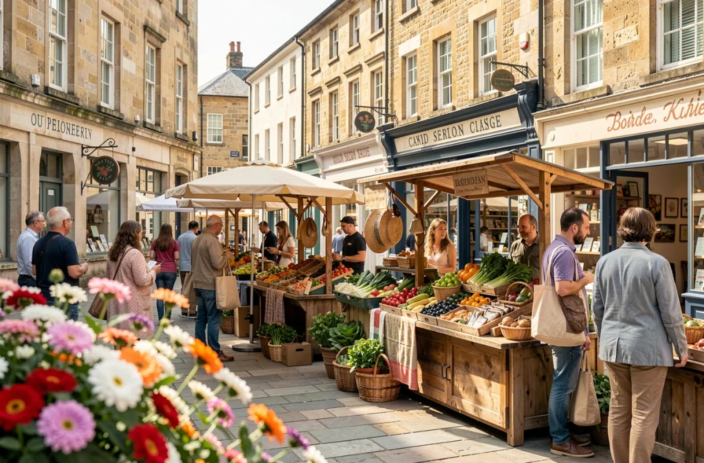 Marché de producteurs locaux en centre-ville animé avec touristes et habitants visitant les étals artisanaux