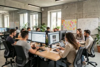 Équipe d'une agence web dans l'Ain travaillant ensemble sur des projets numériques dans un bureau moderne et collaboratif