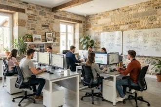 Vue d'ensemble d'une agence web moderne dans l'Aveyron avec des professionnels du numérique travaillant sur des projets web