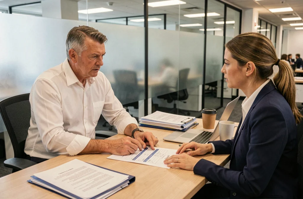 Représentant syndical du transport routier discutant des barèmes salariaux 2026 avec un responsable RH, réunion de négociation sur l'application des taux horaires conventionnels